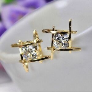 NEW gold 3D caged diamond stud earrings 925 stamped 18k vermeil